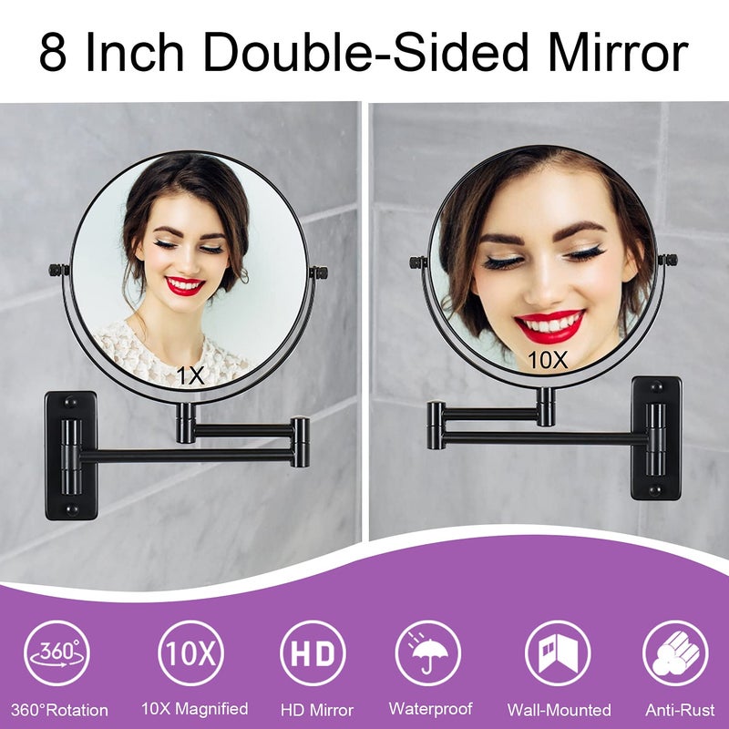 LANSI Wall Mounted Magnifying Makeup Mirror with 1X 10X Magnification and Extendable Arm, 8 Inch Double Sided Vanity Mirror for Bathroom, Wall Mirror for Teen Girls, Women, Matte Black - Image 3